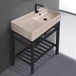 Scarabeo 5118-E-CON2-BLK Modern Beige Travertine Design Ceramic Console Sink and Matte Black Base, 32 Inch